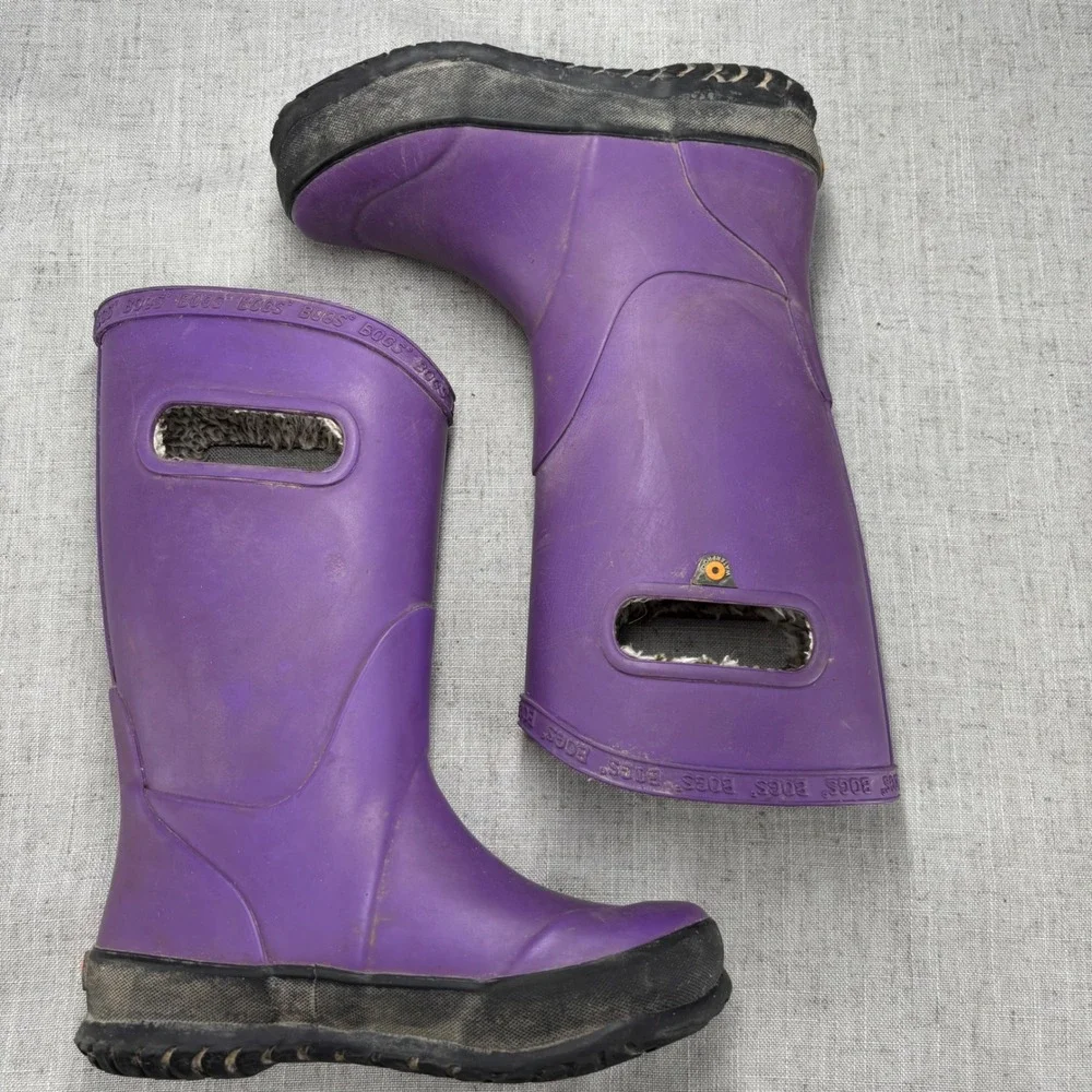 Bogs Kids Rain Boots Plush Purple Rubber Waterproof Insulated Winter Size 12